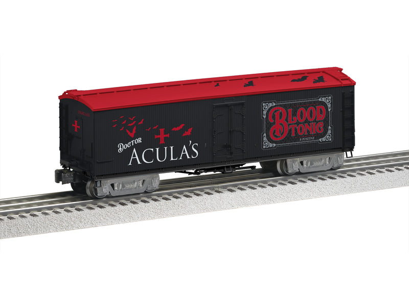 PREORDER Lionel 2426500 O Wood Milk Car - 3-Rail - Ready to Run - Dr. Accula's Blood Tonic (black, red)