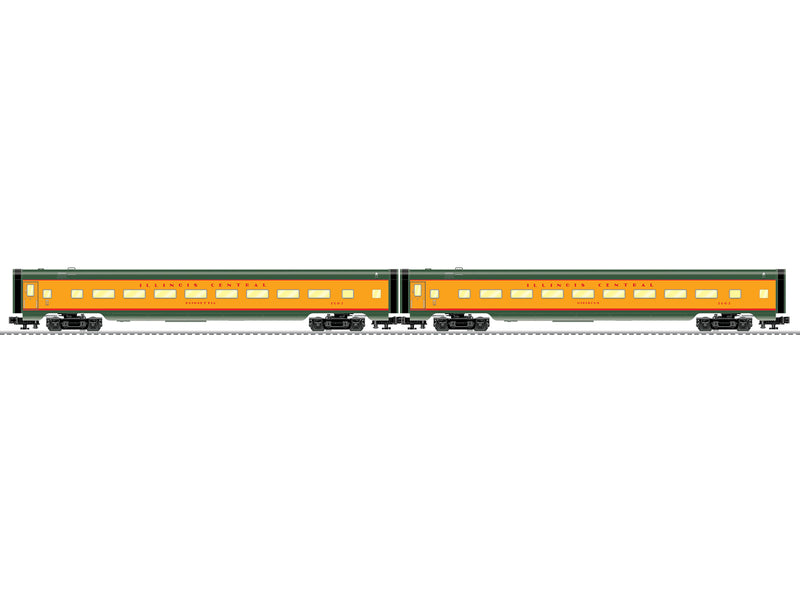 PREORDER Lionel 2427330 O 21" Smooth-Side Coach 2-Pack - 3-Rail - Ready to Run - Illinois Central "Pointsettia" "Hibiscus" (City of Miami, yellow, green