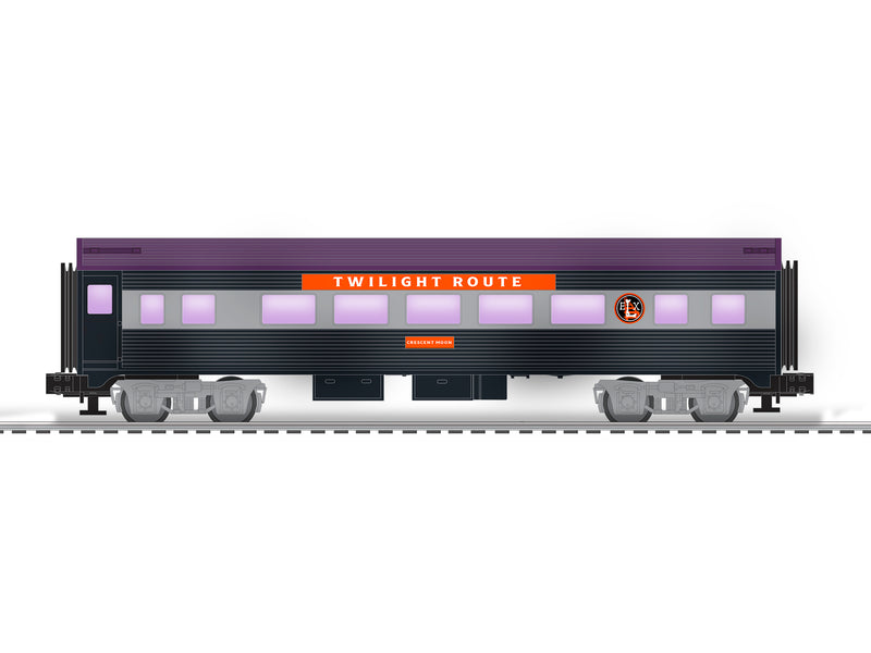 PREORDER Lionel 2427940 O Streamlined Coach - 3-Rail - Ready to Run - Twilight Route "Crescent Moon" (Halloween, black, orange, purple)