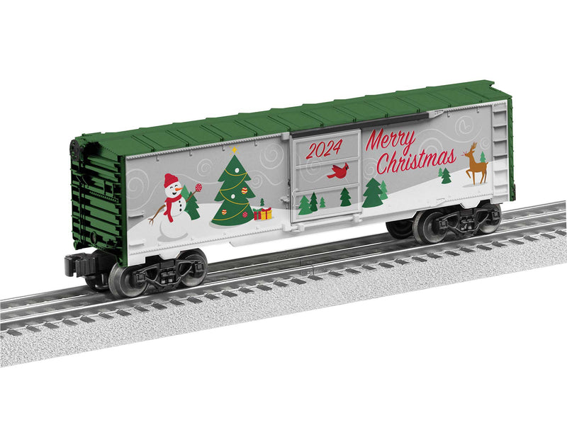 PREORDER Lionel 2428070 O Steel Boxcar - 3-Rail - Ready to Run - Christmas 2024 (gray, white, green, red)