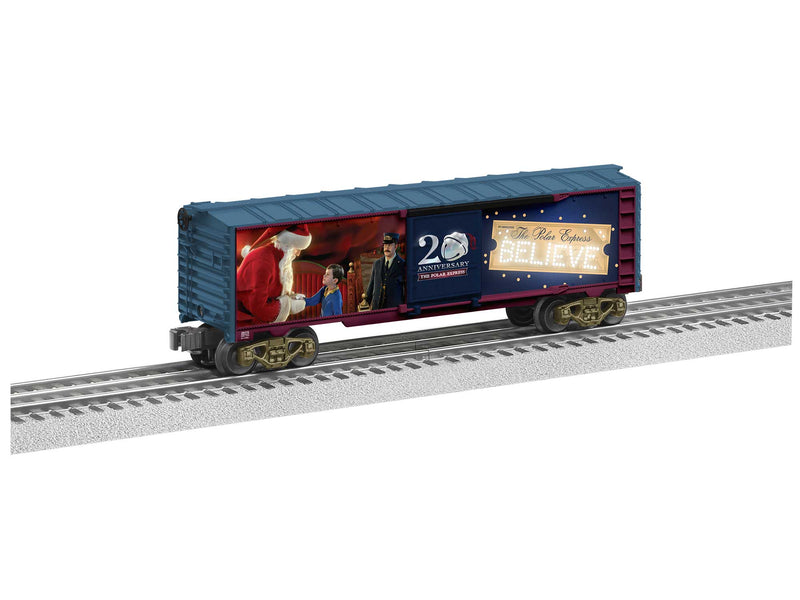 PREORDER Lionel 2428170 O Steel Boxcar with Sound and Lights - 3-Rail - Ready to Run - The Polar Express(TM) (20th Anniversary, blue, red)