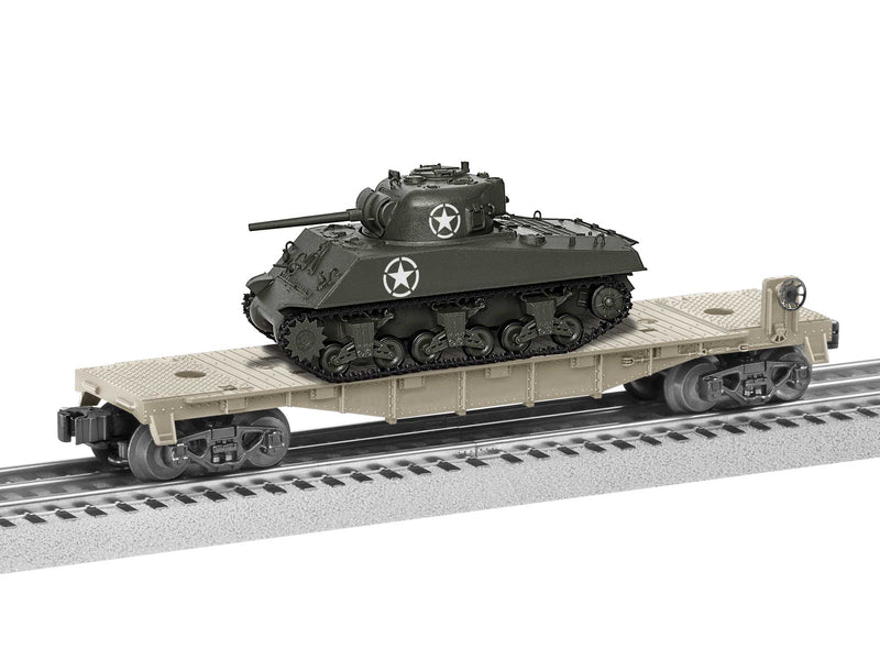 PREORDER Lionel 2428260 O Flatcar with Tank Load- 3-Rail - Ready to Run - U.S. Army (gray, green tank)