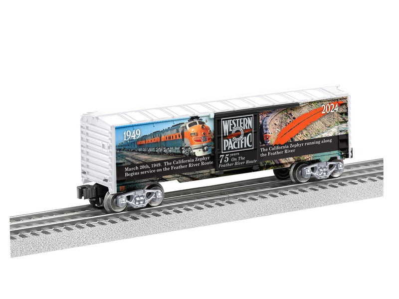 PREORDER Lionel 2438180 O Steel Boxcar - 3-Rail - Ready to Run - Western Pacific (California Zephyr 75th Anniversary, white, black, orange)