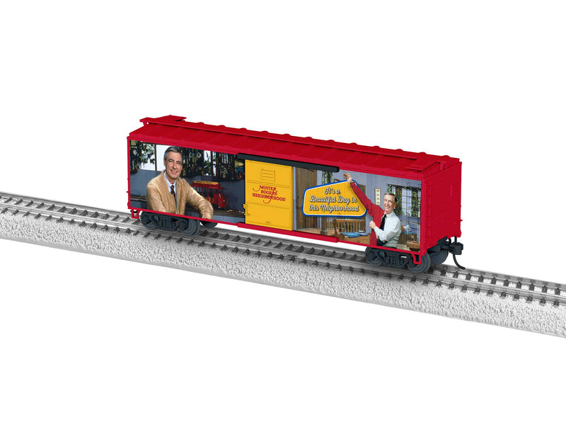 PREORDER Lionel 2454560 HO 40' Steel Flat-End Boxcar - Ready to Run -- Mister Rogers Neighborhood (red, color images, It's a Beautiful DayÉ)