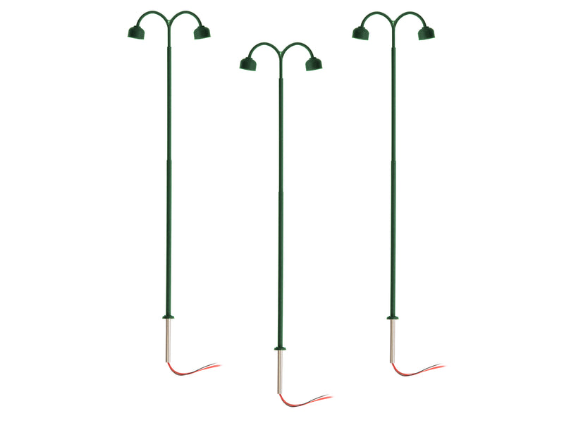 PREORDER Lionel 2456020 HO Double-Arm Warm White LED Street Light/Lamp 3-Pack - Green Mast 4" 10.2cm Tall