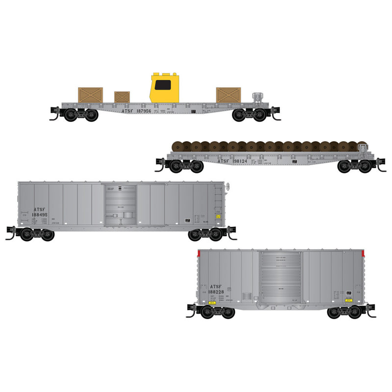 Micro-Trains 983 02 281 N 50' Flatcars, 50' Standard Boxcar, and 40' Hy-Cube Boxcar (4-Pack), Atchison Topeka & Santa Fe | 121.46