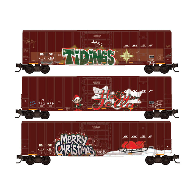 PREORDER Micro-Trains N 98302289 50' Rib Side Boxcar, Burlington Northern Santa Fe Christmas Graffiti (3-Pack)