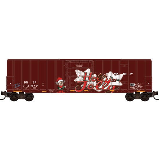 PREORDER Micro-Trains N 98302289 50' Rib Side Boxcar, Burlington Northern Santa Fe Christmas Graffiti (3-Pack)