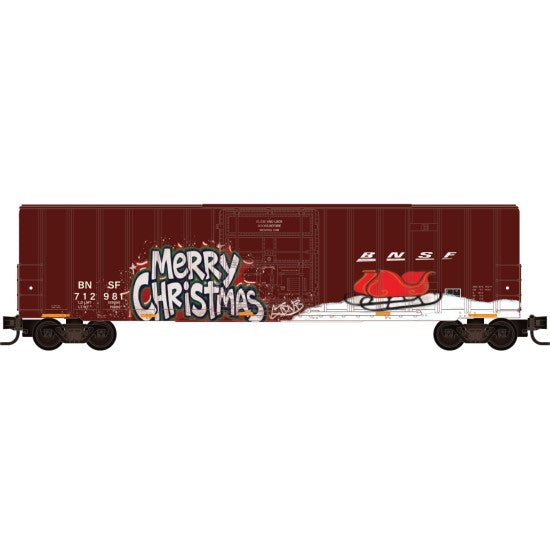 PREORDER Micro-Trains N 98302289 50' Rib Side Boxcar, Burlington Northern Santa Fe Christmas Graffiti (3-Pack)