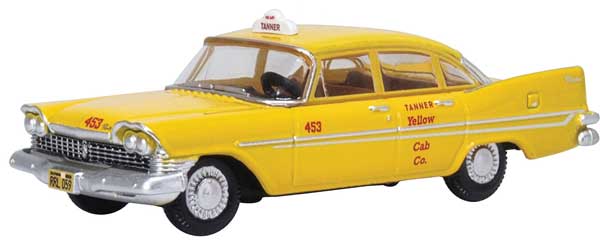 Oxford Diecast 87PS59002 1959 Plymouth Savoy Sedan - Assembled -- Tanner Yellow Cab Co., Southern California (yellow), HO