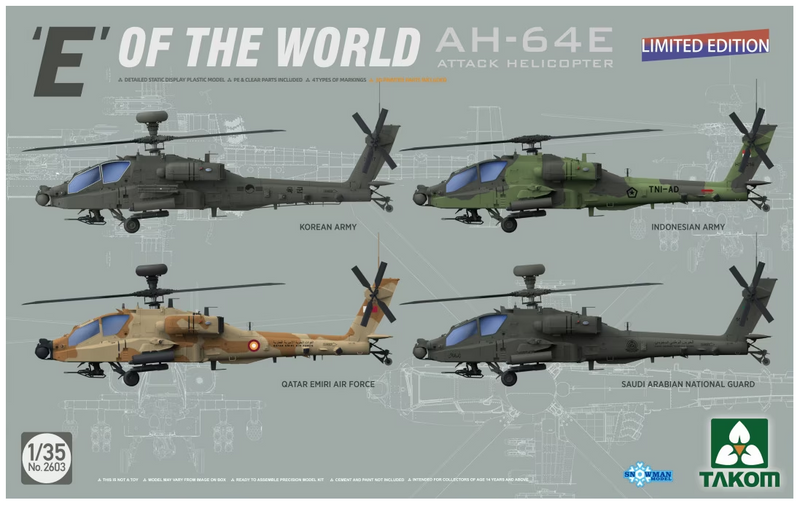 Takom Models - 2603 - 1:35 - 'E' of the World AH-64E Attack Helicopter | Limited Edition