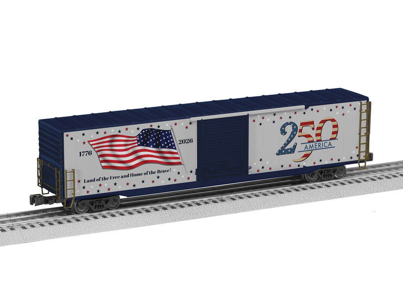 PREORDER Lionel O 2626010 3-Rail Pullman-Standard PS-1 60' Single-Door Boxcar with Lights, America 250