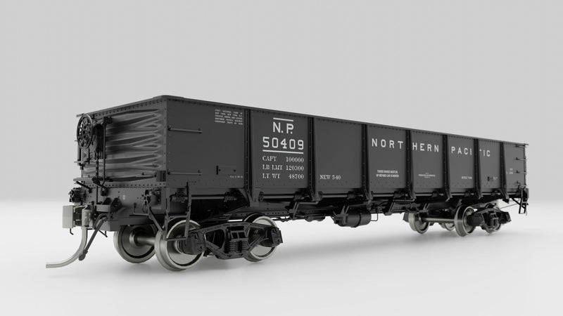 PREORDER Rapido 163001A HO NP 40' Drop-Bottom Gondola - Ready to Run -- Northern Pacific (1940 Scheme, black, white)