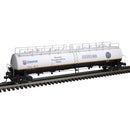 PREORDER Atlas 3002289 20,000-Gallon 4-Compartment Tank Car - 2-Rail - Ready to Run - Premier -- Chevron (Transcaer, white, black, yellow), O