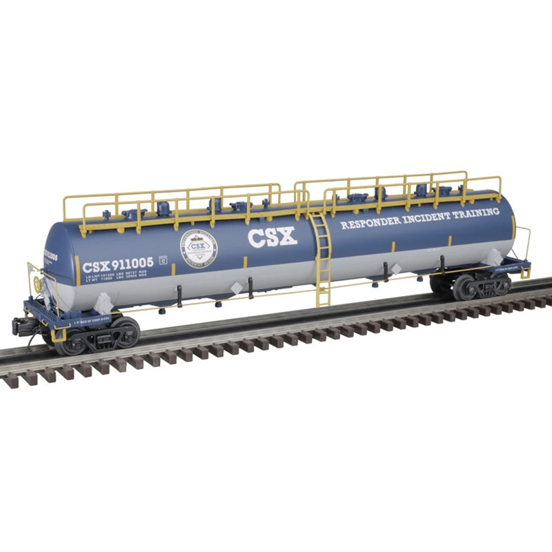 PREORDER Atlas 3001290 20,000-Gallon 4-Compartment Tank Car - 3-Rail - Ready to Run - Premier -- CSX (Responder Training (blue, gray, yellow), O