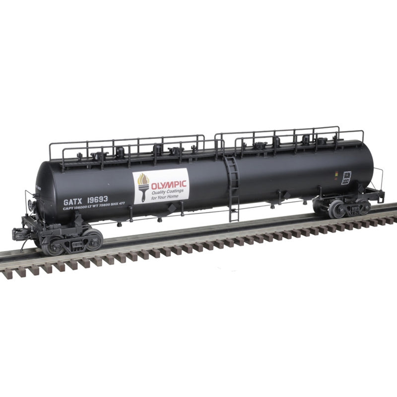 PREORDER Atlas 3001294 20,000-Gallon 4-Compartment Tank Car - 3-Rail - Ready to Run - Premier -- Olympic Coatings (black, white, red), O