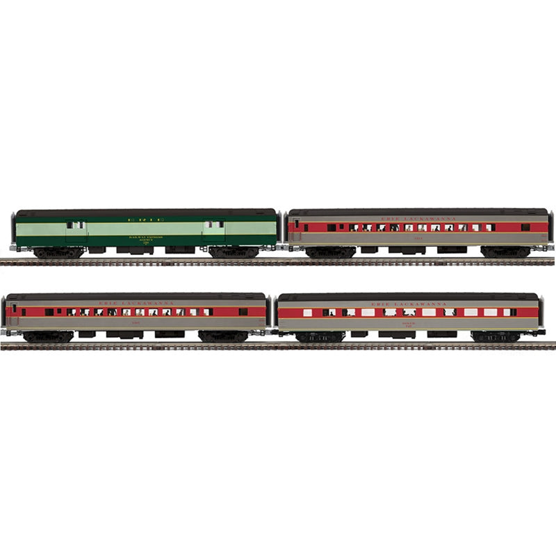 PREORDER Atlas 3001654 70' Smooth-Side Baggage, 2 Coaches, Diner Set - 3-Rail - Ready to Run -- Erie #210 (green), EL #1314, 1317, 747 (gray, maroon), O