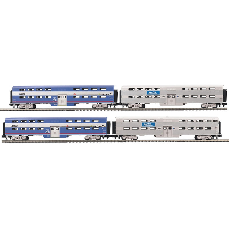 PREORDER Atlas 3001666 70Õ Bi-Level Gallery Car 4-Pack3-Rail -  Ready to Run - Premier -- Metra Bike Cars #7791, 7801 (blue) Fluted Coaches #6127, 8502 (silver), O