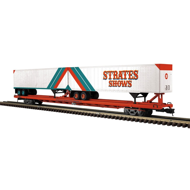PREORDER Atlas Master Line O 3001966 3-Rail 89' 4" Intermodal Flatcar with Trailers, James E Strates Shows #2 Syracuse NY/#52 Raleigh NC