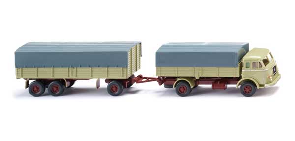 PREORDER Wiking HO 41702 1955-1961 Henschel Low-Side Truck with Cover and Trailer, Beige-Green, Red, Gray | 47.59