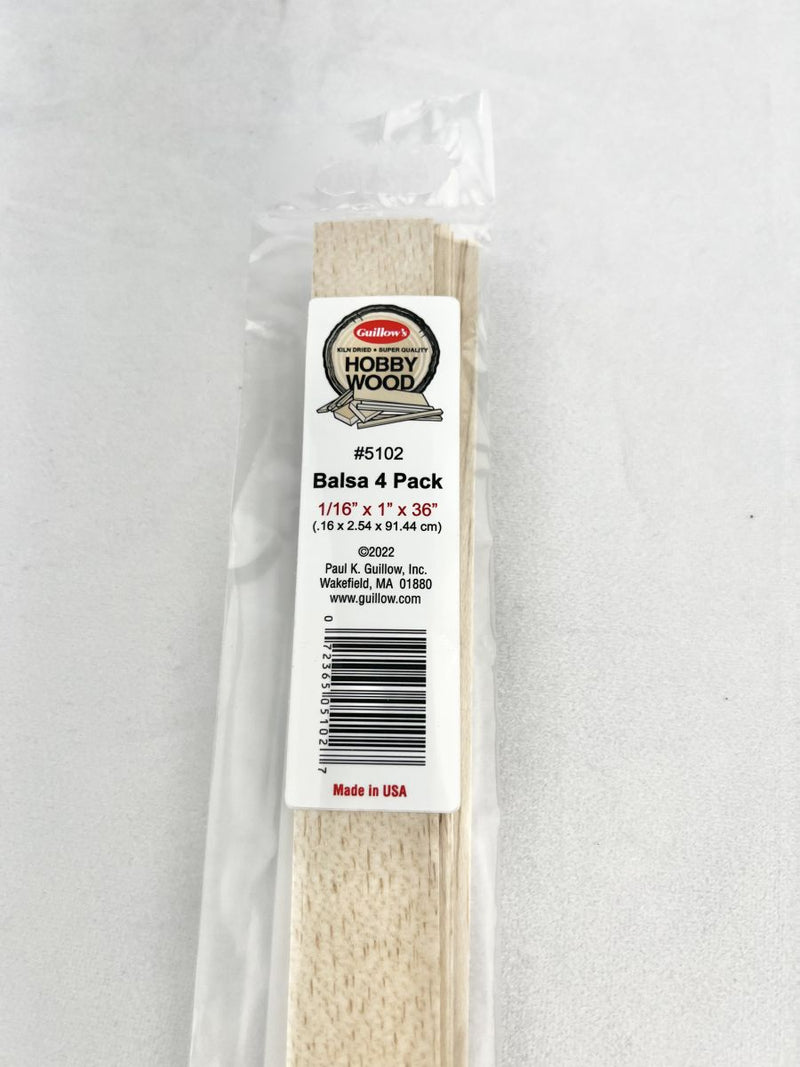 Guillow’s 5102 Balsa 1/16'' x 1'' x 36'' - 4 per bag
