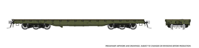 PREORDER Rapido 199098 HO Magor 54' Department of Defense (DODX) Flatcar - Ready to Run -- Painted, Unlettered (green)