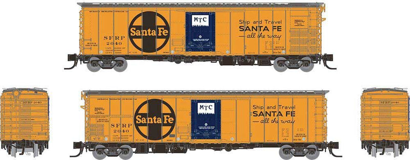 PREORDER Rapido 561012 N Class RR-56 Mechanical Reefer 4-Pack - Ready to Run -- Santa Fe SFRP (orange, blue, black, Ship and Travel Slogan, Large Logo)