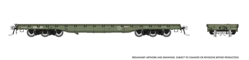 PREORDER Rapido 199002A HO Magor 54' Department of Defense (DODX) Flatcar - Ready to Run -- United States Army DODX (Early Patched Reporting Marks, olive, white)
