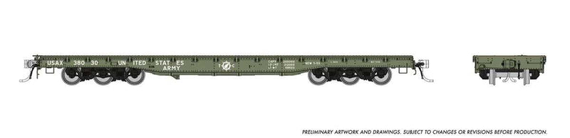 PREORDER Rapido 199001A HO Magor 54' Department of Defense (DODX) Flatcar - Ready to Run -- United States Army USAX (olive, white, USATC Logo)