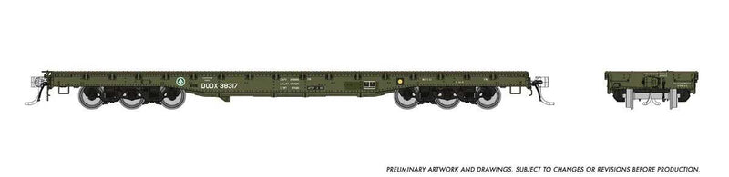 PREORDER Rapido HO 199004 Magor 54' Department of Defense (DODX) Flatcar 6-Pack, United States Army DODX (Late Scheme, olive, white)