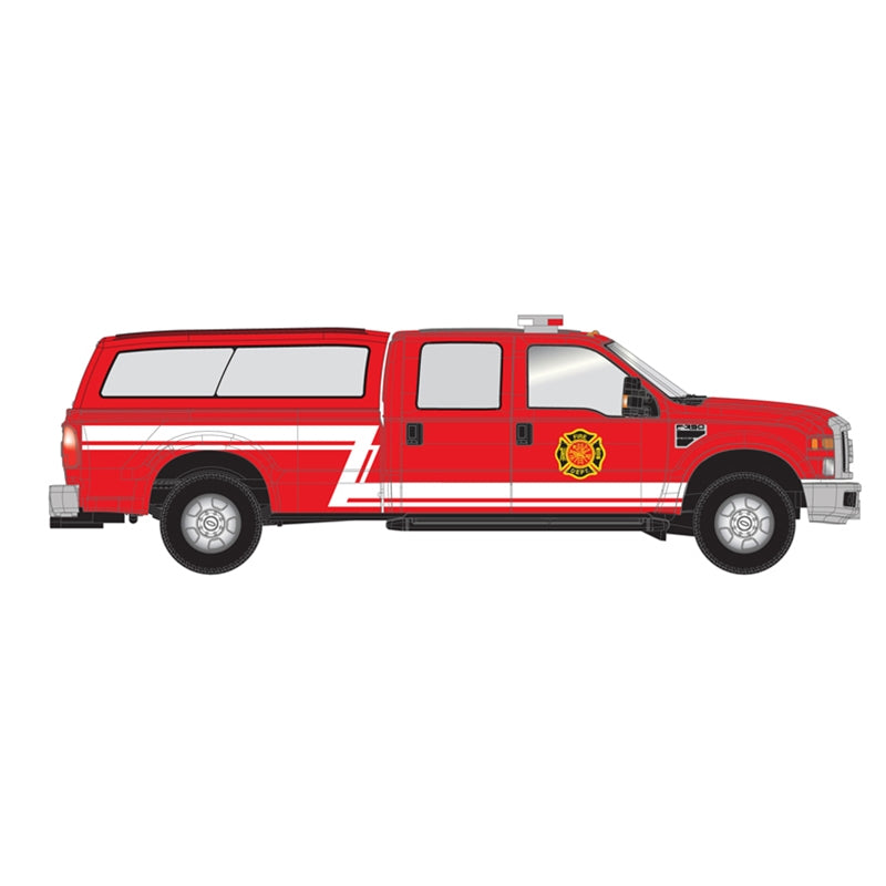 PREORDER Atlas 35000010 Ford(R) F-350 Crew-Cab Pickup Truck - Assembled -- Fire with Z-Stripe and Cap (red, white), HO