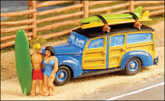 GHQ 57-018 Woody Station Wagon w/Surfboards & Surfers - Kit -- Unpainted, N Scale