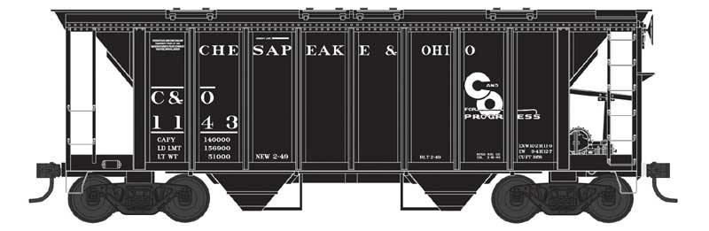 PREORDER Bowser N 38271 70-Ton 2-Bay Covered Hopper with Closed Sides, Chesapeake & Ohio