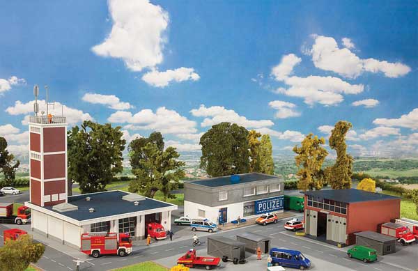 Faller Gmbh 190083 Municipal Operations Set -- Kit - Includes Fire Station, Police Station, Workshop, HO Scale