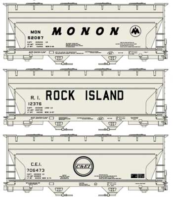 Accurail Inc 8151 ACF 2-Bay Covered Hopper 3-Pack - Kit -- 1 Each: Monon #52087, Rock Island #12376, Chicago & Eastern Illinois #70647, HO