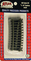 Atlas HO 534 Code 83 Curved Snap Track, 1/3 Section, 18" Radius (4)