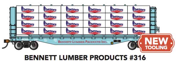 PREORDER Bachmann 12925 HO 52' Open Centerbeam Flatcar with Lumber Load - Ready to Run -- Bennett Lumber Products