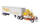 Brekina HO 85719 1973 Peterbilt 359 Sleeper Cab Tractor with Reefer Trailer, Assembled, Monfort (yellow, orange, white)