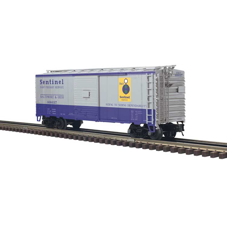 PREORDER Atlas 2001292 O 40' Sliding-Door Boxcar - 2-Rail - Ready to Run - Trainman(R) -- Baltimore & Ohio (Timesaver, silver, blue, yellow)