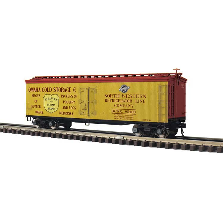 PREORDER Atlas 3001684 O 40' Wood Reefer - 3-Rail - Ready to Run - Master(R) -- Omaha Cold Storage OCSX (North Western Reefer Line, yellow, Boxcar Red)