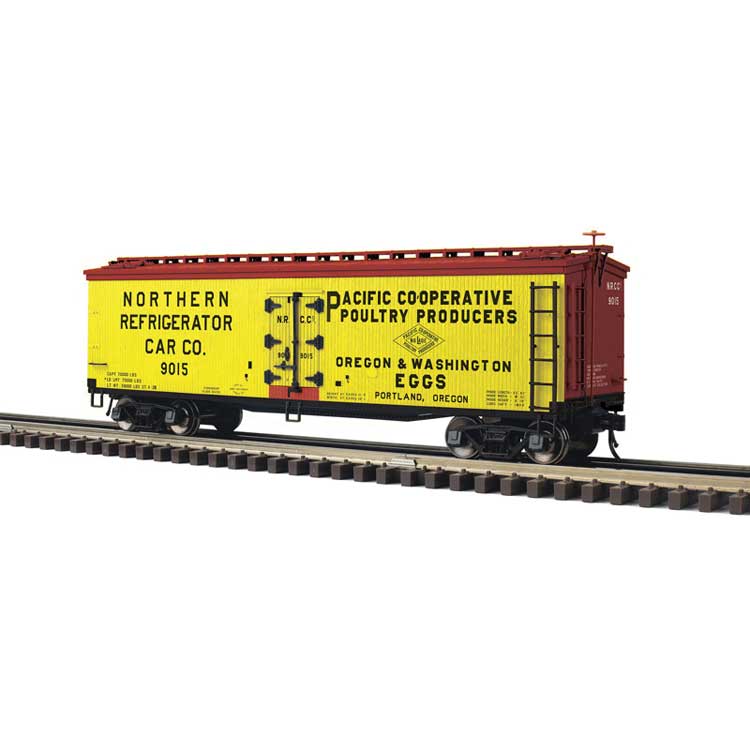 PREORDER Atlas 3001685 O 40' Wood Reefer - 3-Rail - Ready to Run - Master(R) -- Pacific Cooperative Poultry NRCC (yellow, Boxcar Red, black)