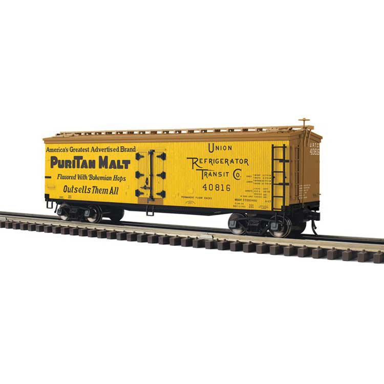 PREORDER Atlas 3001686 O 40' Wood Reefer - 3-Rail - Ready to Run - Master(R) -- Puritan Malt URTC (yellow, Boxcar Red, black)