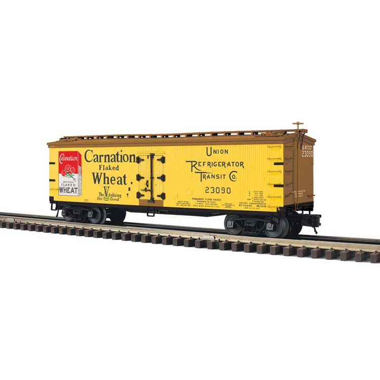 PREORDER Atlas 3001682 O 40' Wood Reefer - 3-Rail - Ready to Run - Master(R) -- Carnation Flaked Wheat URTC (yellow, Boxcar Red, red, white)