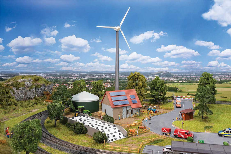 PREORDER Faller Gmbh 190037 HO Sustainable Agriculture Set -- Kit - Wind Turbine, Shed with Solar Panels, Manure Pile, Silage Tank, Detail