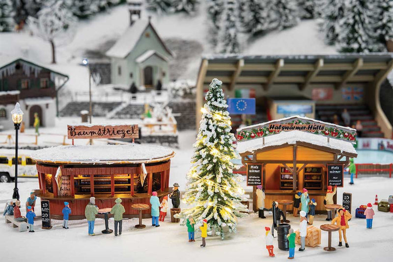 PREORDER Faller Gmbh 134006 HO 2 Christmas Market Stalls with Illuminated Christmas Tree -- Kit - 2 Stalls, Tree with Light String, Accessories