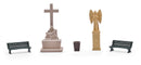 PREORDER Busch HO 1089 Place of Silence Kit, Includes: Cross, Angel Statue, 2 Benches, Garbage Can