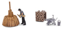 PREORDER Busch HO 79941 Stacking Wood, Action Set, Includes Worker, Wheelbarrow, Hand Tools, Wood Pile Come, 4 Stumps,