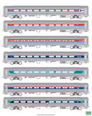 PREORDER Kato N 106-105 Amfleet 1 Coach 7-Pack, Amtrak 1 Each of All Phases of Paint Schemes