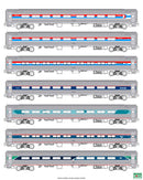 Kato N 106-105 Amfleet 1 Coach 7-Pack, Amtrak 1 Each of All Phases of Paint Schemes
