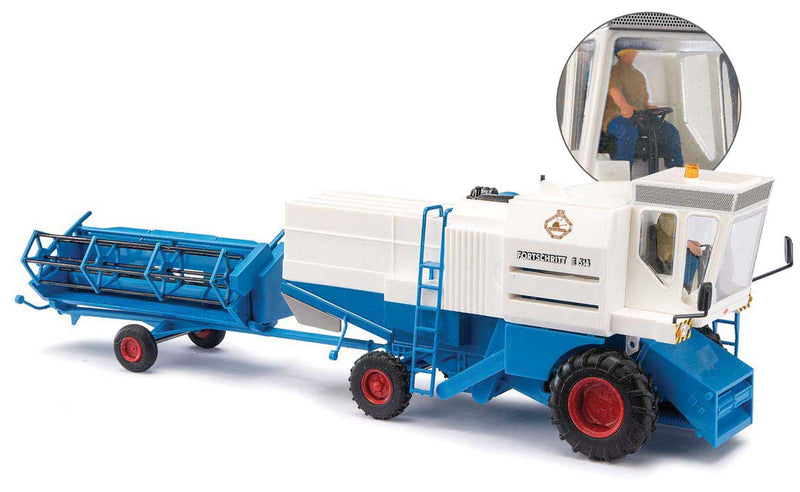 Busch Gmbh & Co Kg 40176 1982 Fortschritt E 514 Farm Combine Head, Trailer and Driver - Assembled -- White, Blue, Red, HO Scale